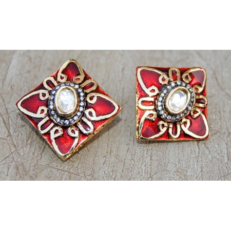 Uncut Diamond Studded Gold Red Stud Earrings